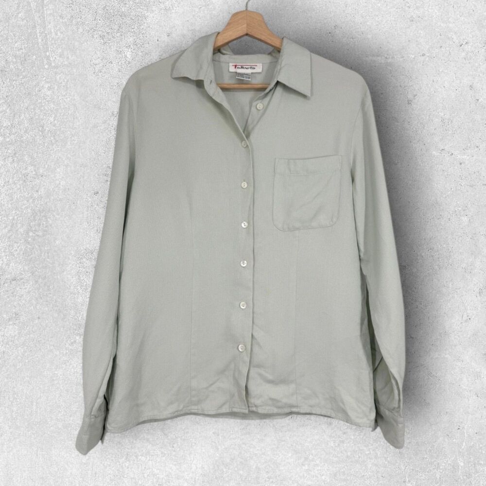 Vintage Talbots Womens Silk Waffle Button Up Long Sleeve Shirt Size 8 Green